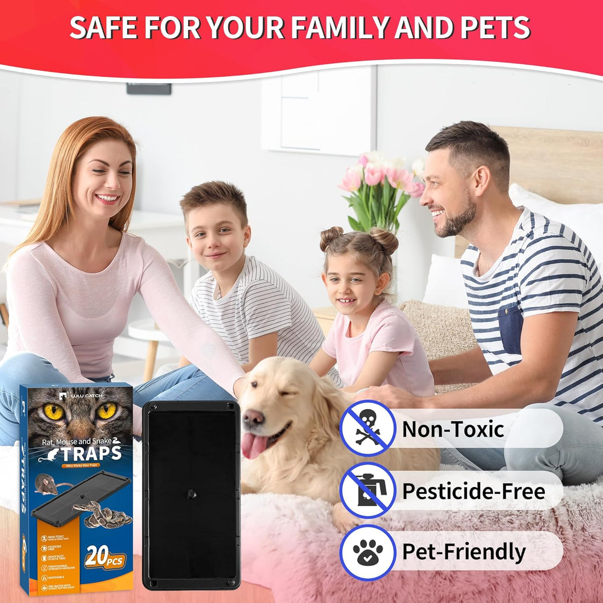 LULUCATCH Sticky Mouse Trap, 20 Pack Large Glue Traps, Pre-Baited Heavy Duty Non-Toxic Bulk Glue Boards Mouse Traps Indoor for Mice, Snakes, Rat, Insects, Cockroaches & Spiders, Pet Safe Easy to Use