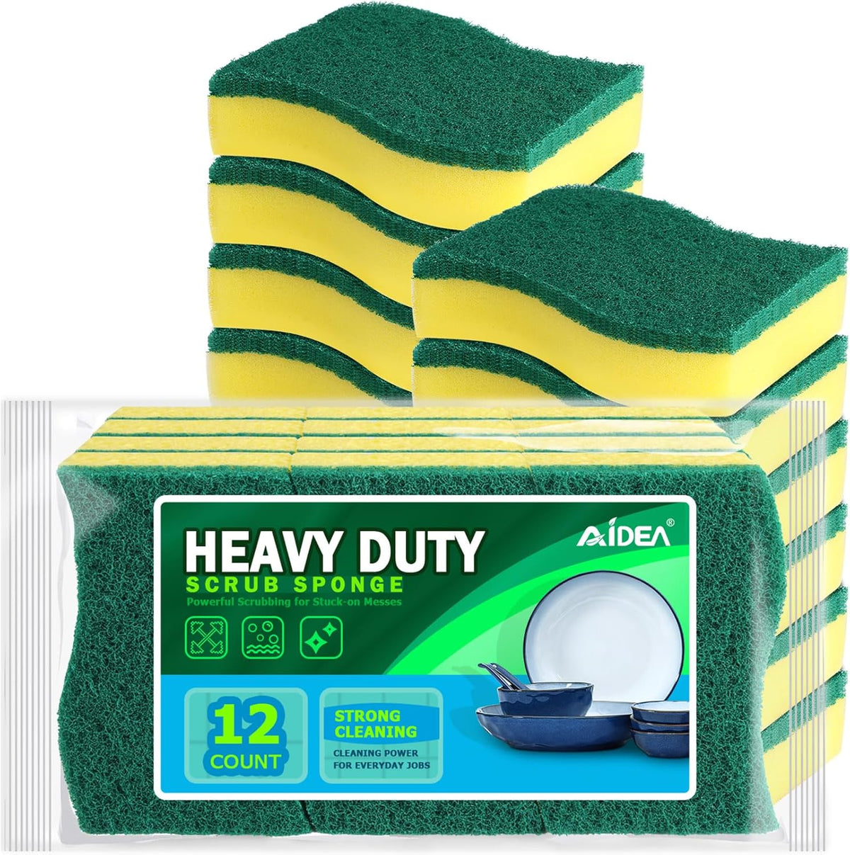 AIDEA Heavy Duty Scrub Sponge-12 Count, Kitchen Dish Sponge, Stink-Free Cleaning Sponge, Effortless Cleaning Eco Scrub Pads for Dishes,Pots,Pans All at Once