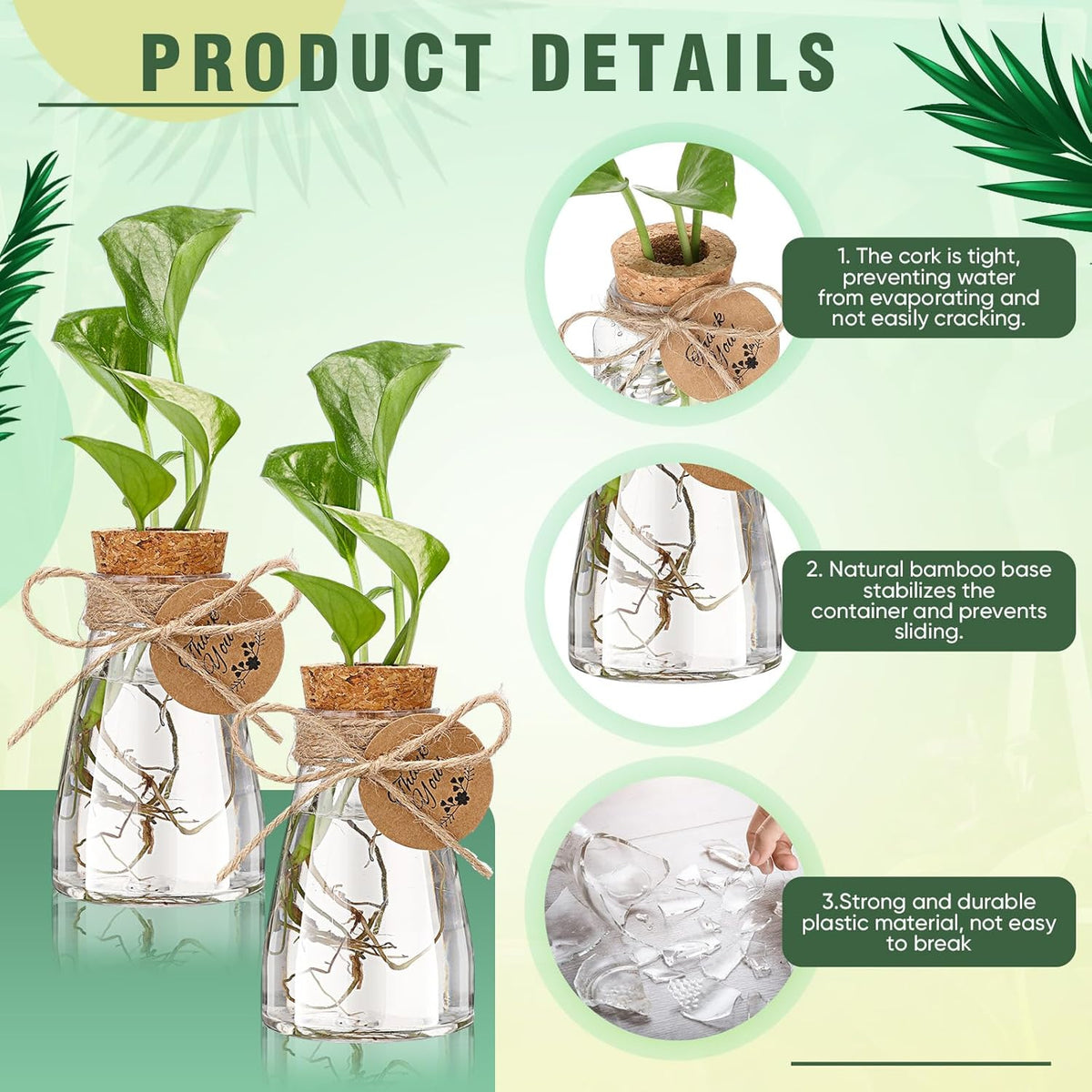 Baderke 3.35'' Plastic Plant Propagation Stations with Hole Lid Planter Vase Clear Propagation Jars with Thank You Tags for Plant Lover Gifts for Women Office Home Garden (48 Pack,Cute)