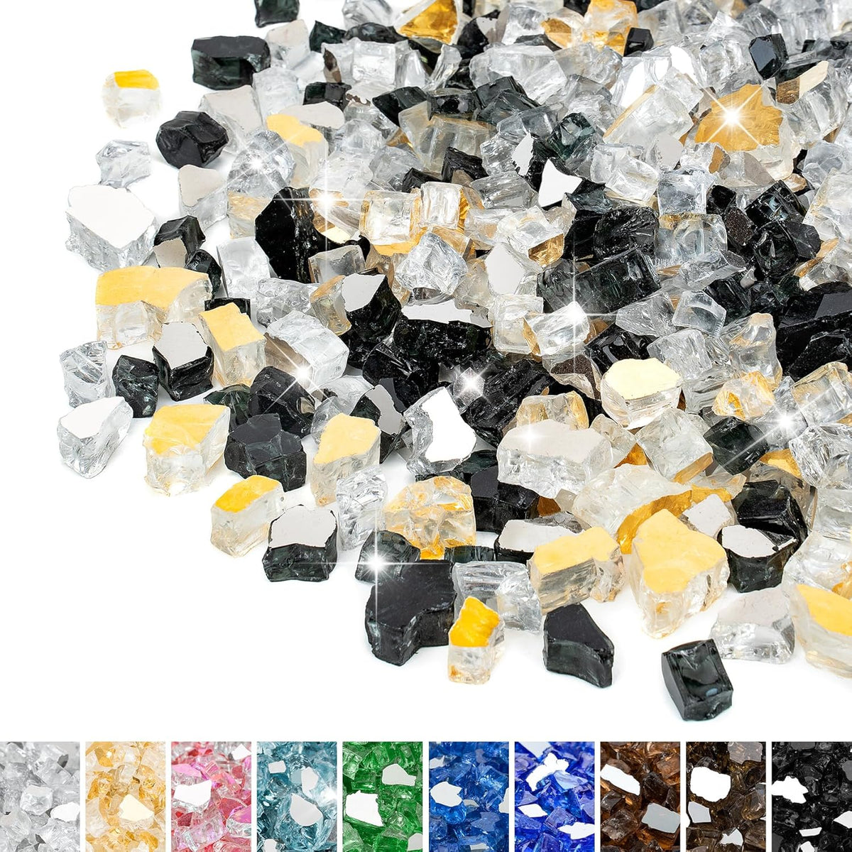 Mr. Fireglass 10 Pounds Reflective Fire Glass for Fire Pit Fireplace and Landscaping, 1/4 Inch Blended High Luster Fireglass Rocks for Outdoor and Indoor Use Gold+Onyx Black+Platinum