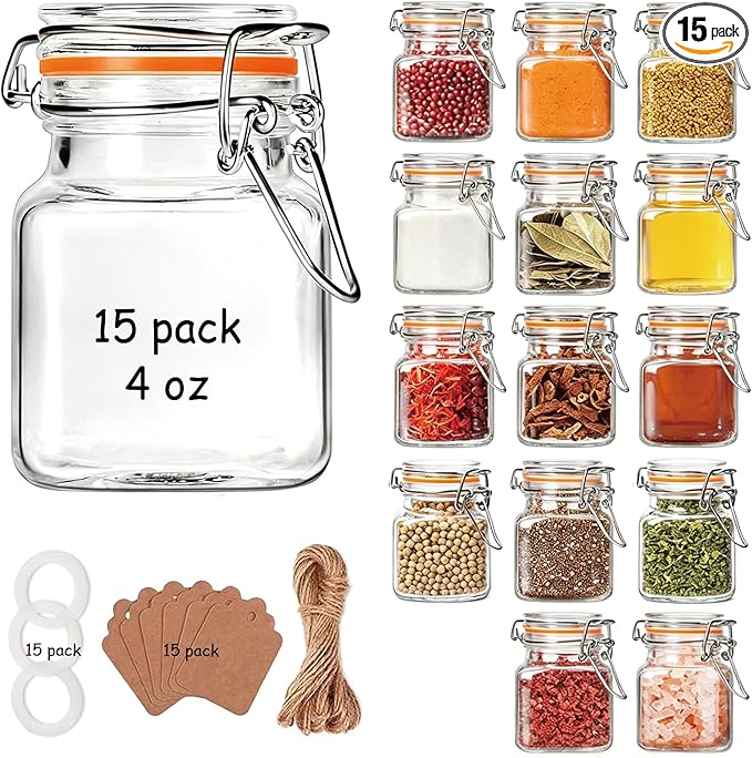 Flrolove 4oz Small Spice Jars with Lids, 15 Pack Airtight Glass Jars, Small Spice Containers Includes Labels & Rubber Gaskets for Kitchen, Jam, Herbs, Crafts, Wedding