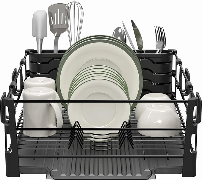 Simple Houseware Dish Drying Rack with Drainboard, Utensil Holder & Mug Hooks, Black Metal Kitchen Counter Organizer