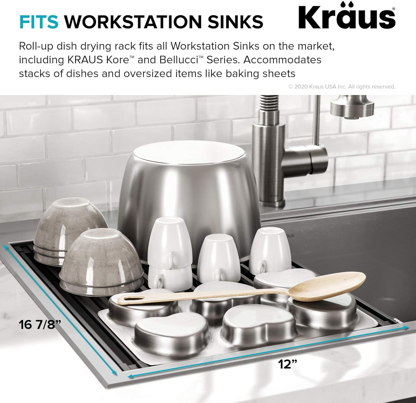 KRAUS Multipurpose Workstation Sink Roll-Up Dish Drying Rack, Colander and Trivet in Aqua, KRM-11AQ
