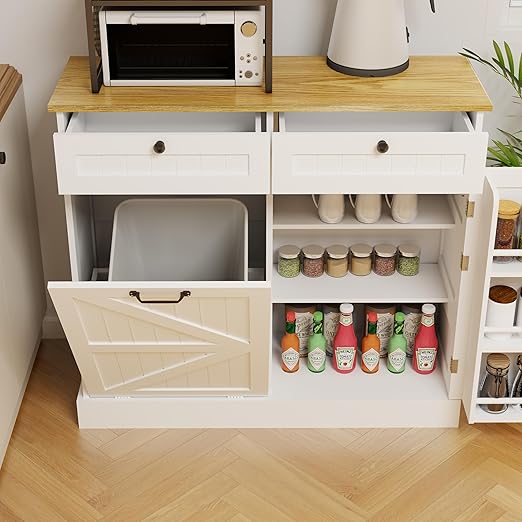 RASOO Trashcan Cabinet for Kitchens 10 Gallons Tilt Out Trash Recycling Cabinet with Hideaway Drawers, 1 Door with Storage Rack for Laundry Room, Pantry, Kitchen, White