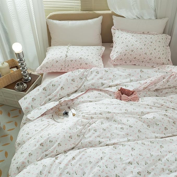 Vintage Floral Comforter Set Full Size Garden Style Pink Floral Bedding Set Aesthetic Cottagecore Flowers Botanical Comforter Set with 2 Pillowcases Fluffy Lightweight Bedding Set for All Seasons