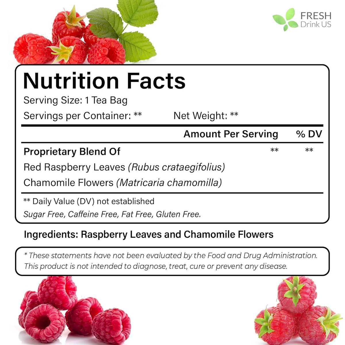 FreshDrinkUS, Premium Raspberry Leaf Tea with Chamomile – 135 Tea Bags | Naturally Caffeine-Free Herbal Blend | Soothing Floral Flavor | Premium Loose Herbal Tea in Natural Material Tea Bags