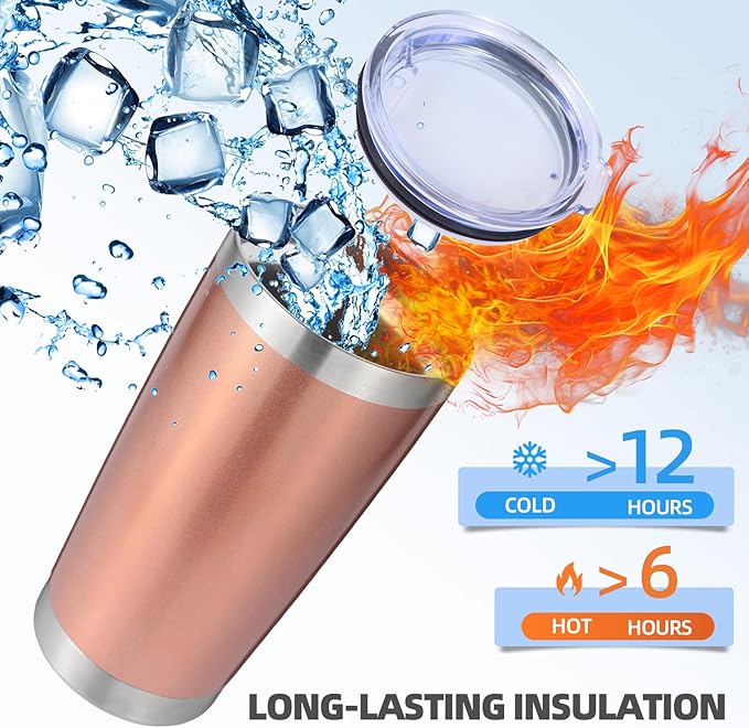 Volhoply 20oz Stainless Steel Tumbler with Lid and Straw Bulk 8 Pack,Double Wall Insulated Travel Ice Coffee Mug Fits Cup Holder,Powder Coated Cups for Hot/Cold Drinks,Christmas Gifts（Rose Gold,8 Set）
