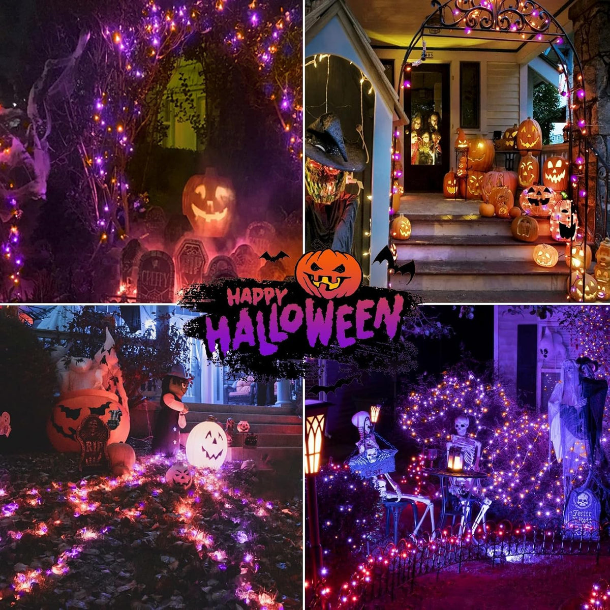 4 Pack 180FT Halloween Solar Lights Outdoor Waterproof, 320LED Orange and Purple Solar String Lights Green Wire 8 Modes, Solar Fairy Twinkle Lights for Halloween Tree Garden Horror Party Decorations