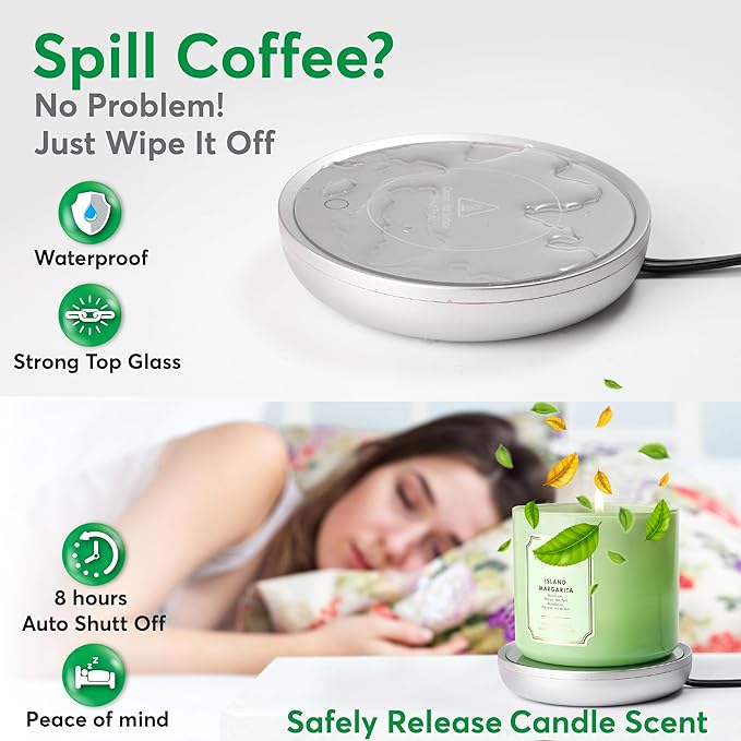 Coffee Mug Warmer with Auto Shut-Off – Compact 17W Cup Warmer for Desk with Gravity Switch – Electric Candle Warmer Plate for Jar Candles – Keeps Coffee, Tea & Drinks Warm – Safe & Durable (Silver)