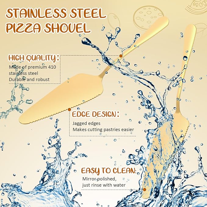 Teenyyou 7 Pcs Pizza Pan Riser Stands Sets Includes 1 Pcs Tiered Tray Stand 3 Stainless Steel Pizza Pan and 3 Wood Handle Knife for Home, Restaurant Party (Elegant Style,Gold)