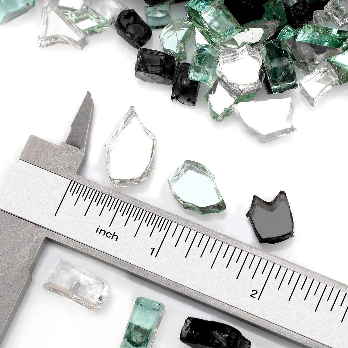 Mr. Fireglass 10 Pounds Blended Fire Glass - 1/2 Inch Mixed Colored High Luster Reflective Tempered Fireglass Rocks for Fireplace Fire Pit Table and Landscaping, Light Green+Onyx Black+Platinum