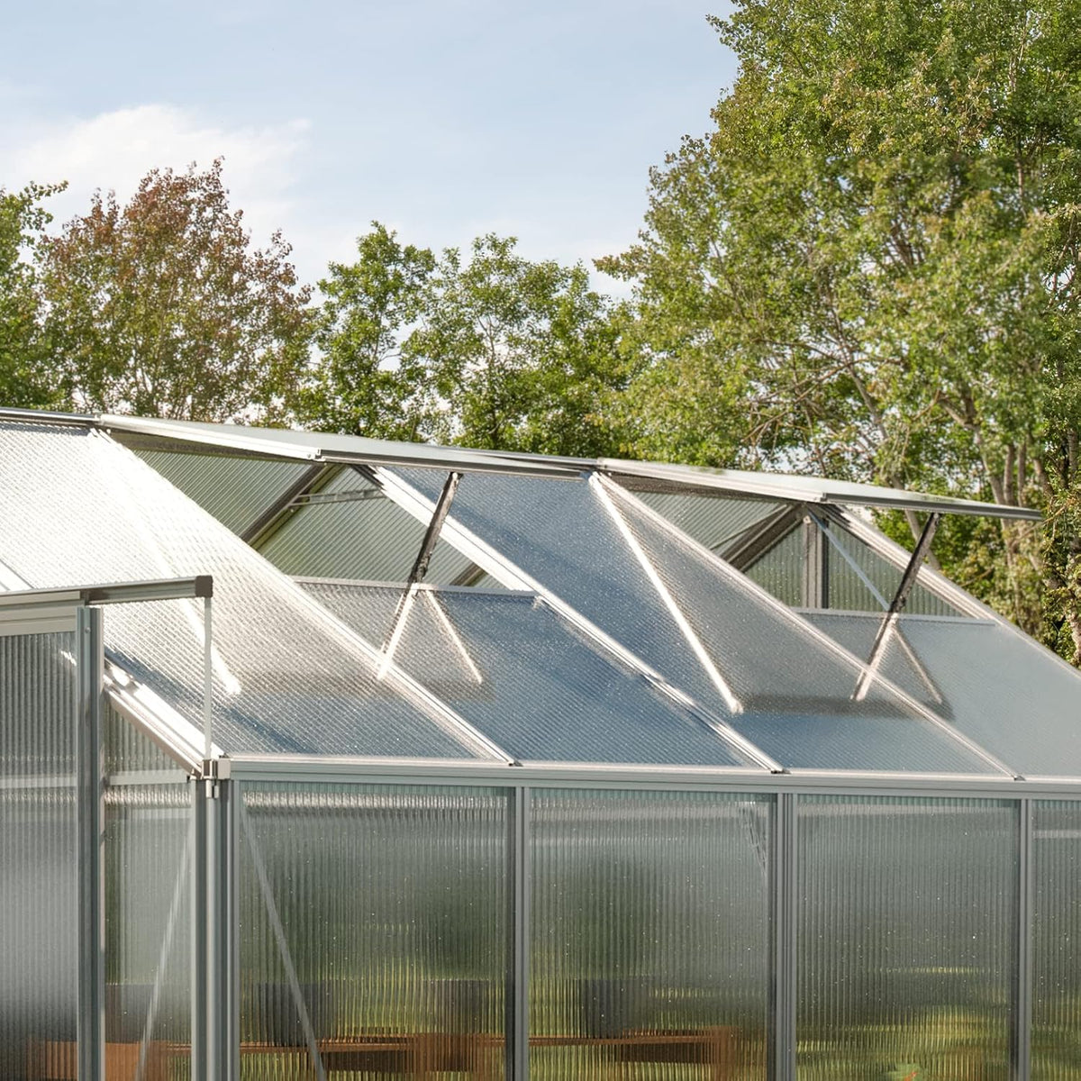 Greenhouse Saphir 4 Aluminum Frame 8.5 x 8.5 ft Approx. 6 mm Polycarbonate Panels - with Bonus Base Frame and Automatic Vent Opener