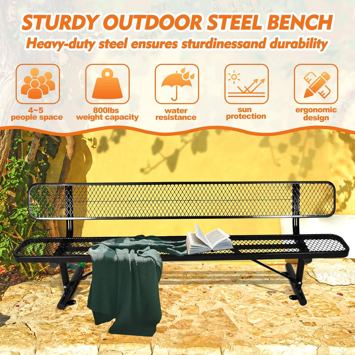 Outdoor Garden Bench, Cast Iron Metal Frame Patio Park Bench with Backrest, Portable Expanded Metal Black Bench, Commercial-Grade Outdoor Seating for Lawn, Patio, Park, Yard, Garden (Black, 8FT/96'')