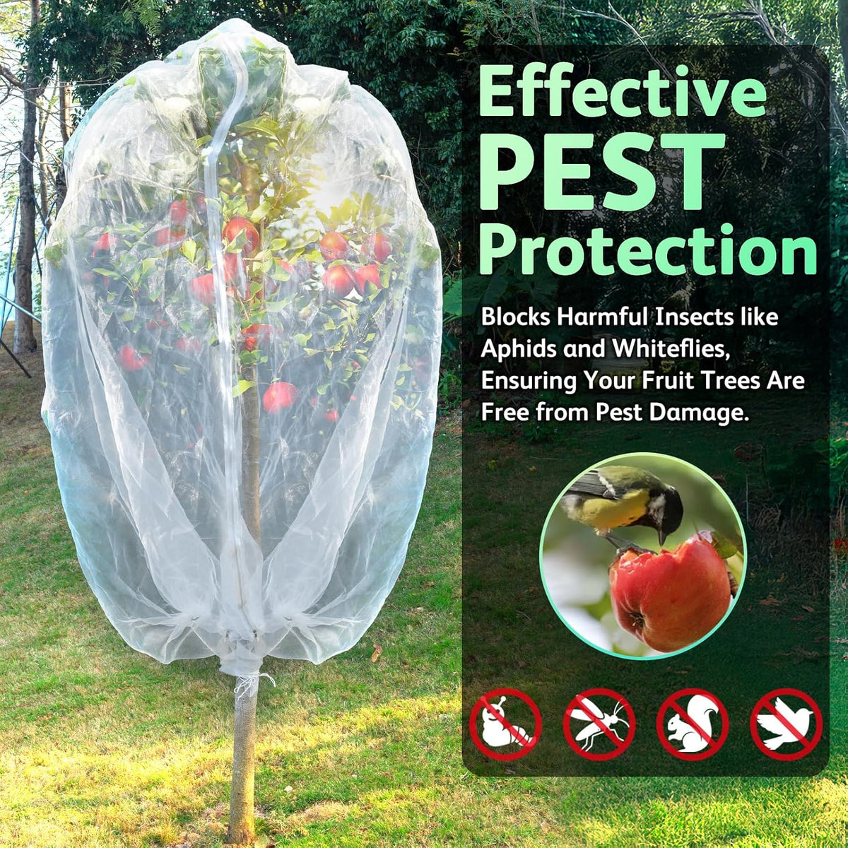 JOJOLEE Fruit Tree Netting for Garden Protection, 1Pc 9.8 x 9.8FT Insect Bird Nettings with Zipper and Drawstring, Plant Cover Mesh Net Bags for Blueberry Bushes, Tomatoes, Flowers