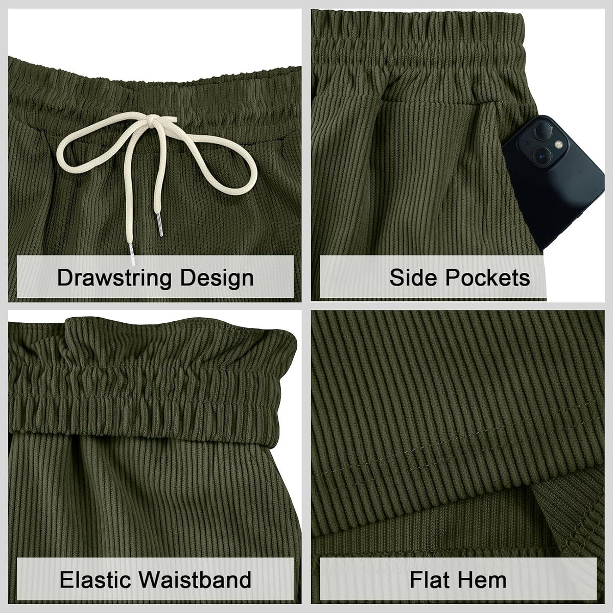 Mens Cargo Shorts Casual Drawstring Elastic Waist Corduroy Summer Beach Shorts with Pockets