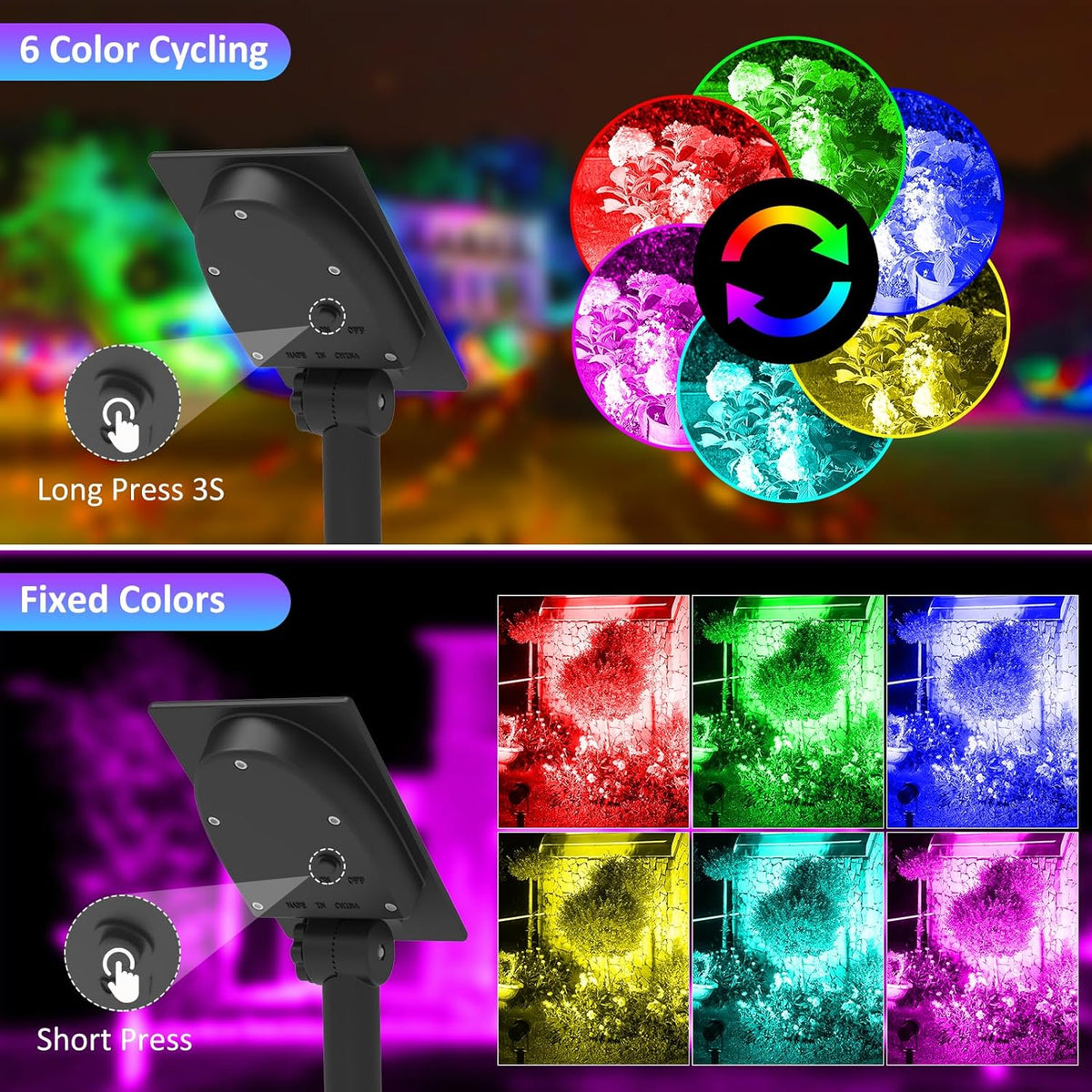 T-SUNUS Color Changing Solar Landscape Spotlights 4 Pack, IP65 Waterproof RGB Spot Lights 9.8ft Cable, Separated Panel Garden Light for Flag Outdoor Yard Driveway Porch Walkway Pool Patio