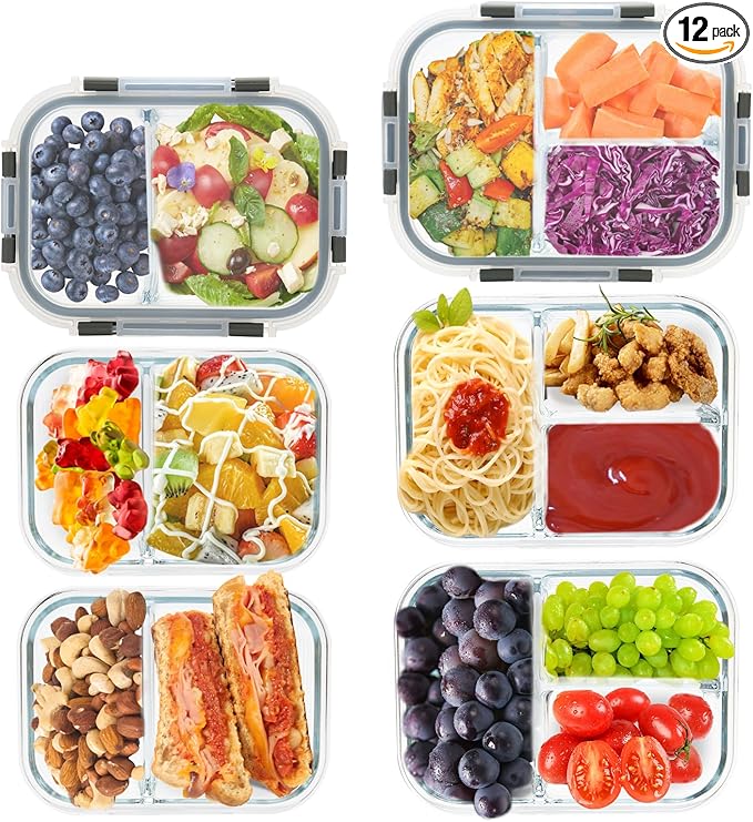 GULFLIN 2 & 3 Compartment Meal Prep Containers - Glass Food Storage Lunch Containers with Lids, Bento Box, Portion Control, Freezer to Microwave Safe