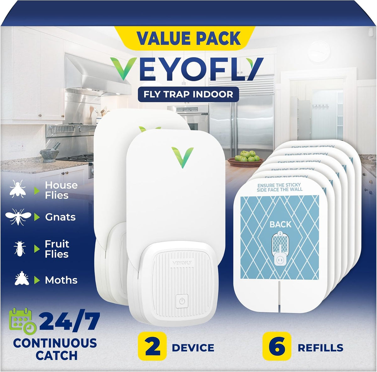 VEYOFLY Fly Trap Indoor, Fruit Fly Traps for Indoors Flying Insect (2 Device + 6 Refills) Gnat Traps for House Indoor, Bug Zapper Indoor, Gnat Killer Catcher & Fruit Fly Killer Light Plug in