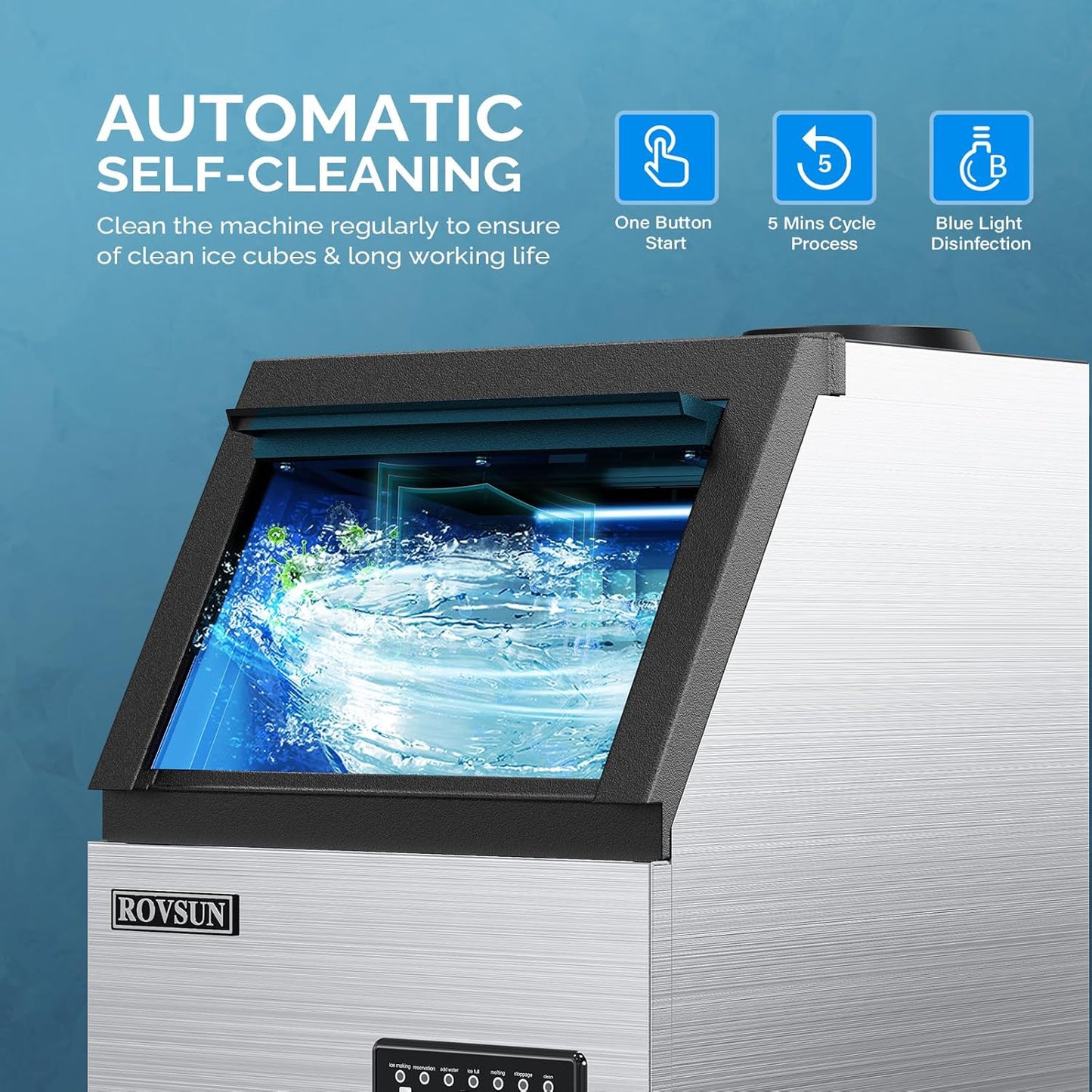 ROVSUN 150LBS/24H Commercial Ice Maker Machine with 2 Water Inlets, Freestanding Ice Machine with 24lbs Storage Bin, Ice Scoop & Water Filter for Home Office Restaurant Bar Cafe
