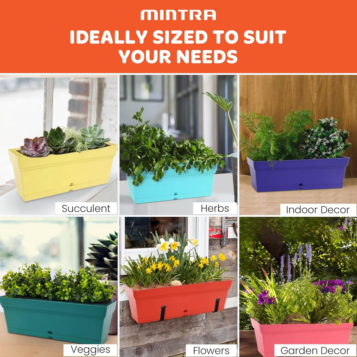 Mintra Window Box Planter, Window Planter Box for Indoor Outdoor Use, Rectangular Pots with Saucers & Drainage Holes, Decorative Plant Pots for Window Sill, Shelf, Desktop, 19" Wx6.75 H, Purple