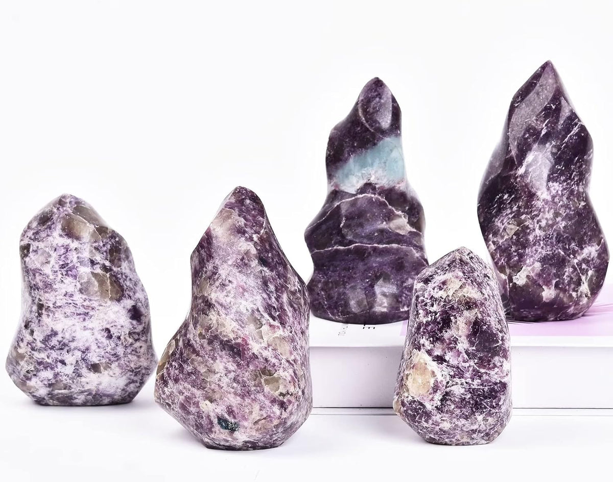 AMOYSTONE Purple Lepidolite Crystals Tower Flame Shaped Stone Energy Meditation Healing Crystal Home Decor 1.0-1.5 Pound