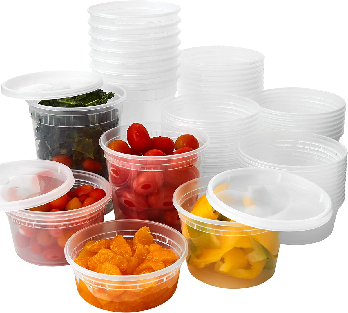 Heavy Duty Plastic Containers with Lids 12 EA Mix of Sizes 60 Containers Total. Leakproof Microwavable Portion Cup for To-Go Orders, Food Prep or Storage. Reusable Takeout Cups for Restaurant, Cafe.