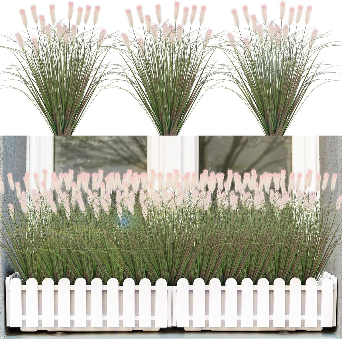 Artificial Grasses Plants Oudoor 24 Bunches Onion Grass Greenery with Plush Faux Fake Shrubs Plant Onion Wheat Grass for Outside Garden Indoor House Home Office Décor (Light Purple & Pink Plush