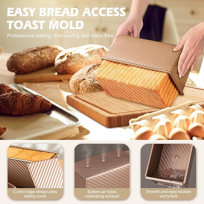 2.2lb Pullman Loaf Pan with Lid, Nonstick Carbon Steel Square Bread Pan for Baking Shokupan, Sandwich, Pain de Mie & Sourdough – Includes 6 Bonus Tools