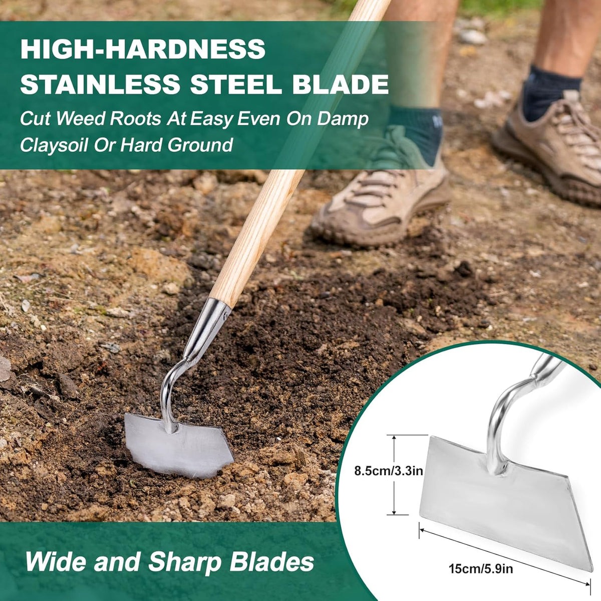 Berry&Bird Flat Edge Garden Hoe, 58'' Hoes Garden Tool with Long Wood Handle, Stainless Steel Weeding Hoe, Heavy Duty Weeder Hoe Tool for Gardening Digging Soil Loosening, Edging & Cultivating