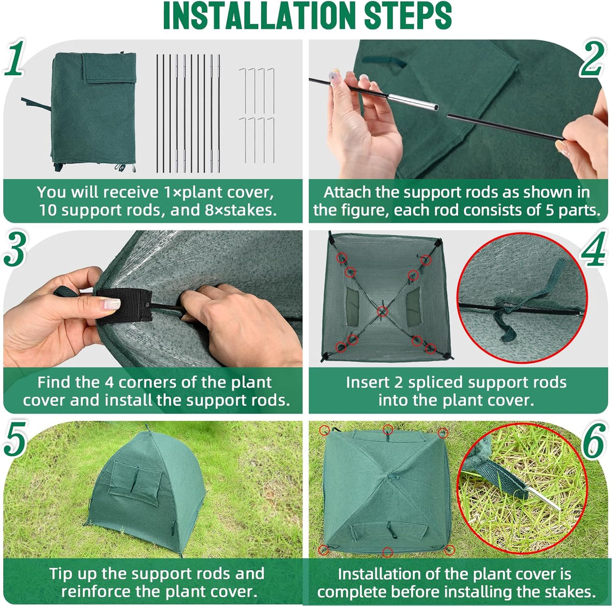 2 Packs Plant Cover Freeze Protection Blanket, 36''x36''x38'' Outdoor Garden Fabric Cover with Poles and Stakes for Winter Frost, Shade Cloth Plant Guard for Shrubs, Small Trees, Green