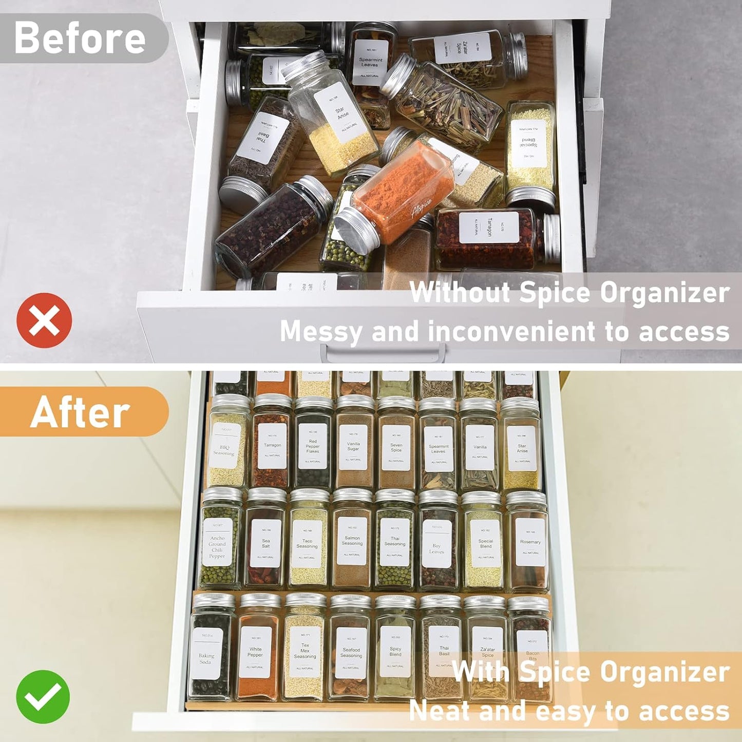 Spice Drawer Organizer with 20 Spice Jars,216 Labels,25 Non-slip Rubber, Bamboo 4 Tier Seasoning Rack Tray Insert for Kitchen Drawers,Cabinets,Countertop,11" Wide x 15.8" Deep