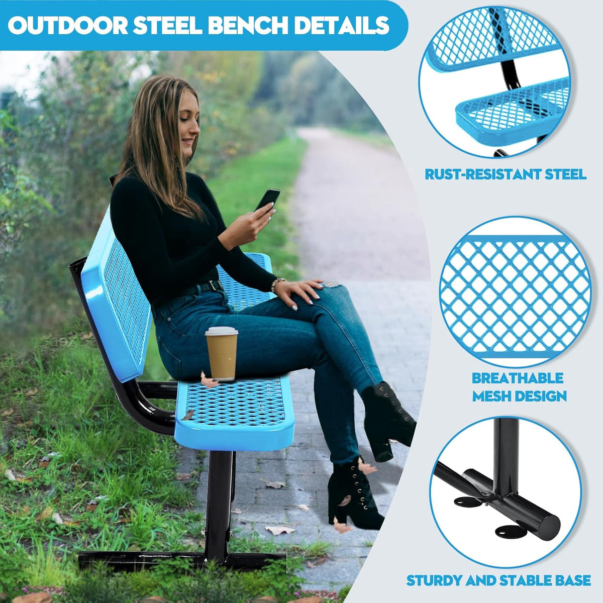 6Ft Outdoor Bench with Back Portable Frame, Outdoor Steel Park Bench with Backrest, Expanded Metal Mesh Bench for Outside, Lawn, Backyard, Park, Garden, Patio, Porch, Blue