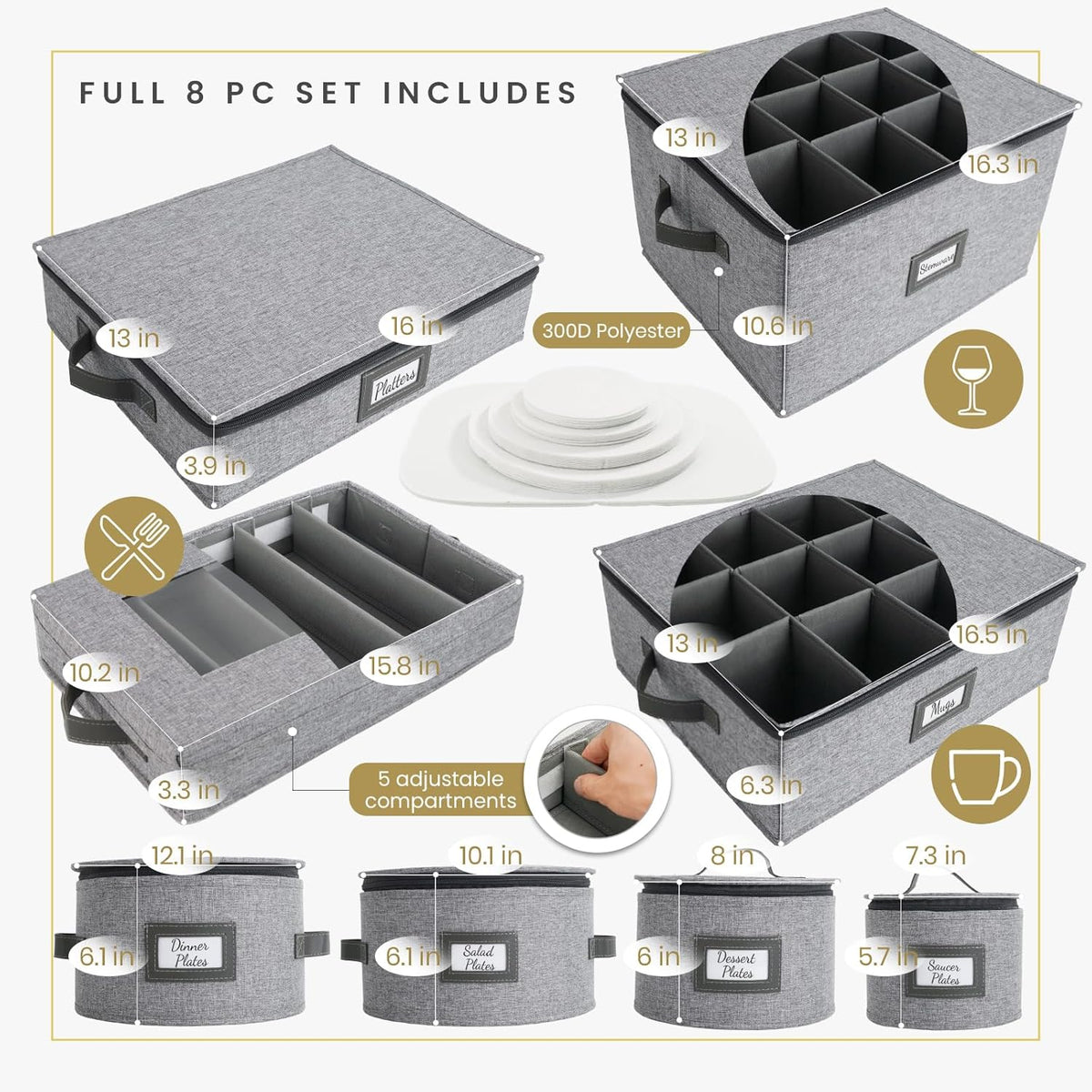 HOMELUX THEORY Flatware Storage Hard Shell China Storage Containers - Light Gray Silverware Organizer, Cutlery & Silverware Storage Box with 5 Dividers & Lid, Heavy Duty Moving Box with Handles