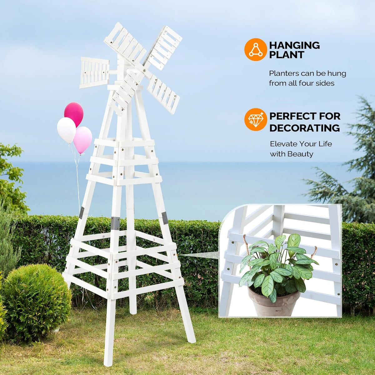 VINGLI Outdoor Yard Windmill, Wooden Wind Spinner for Garden Lawn Yard Patio Decoration (White, Medium)