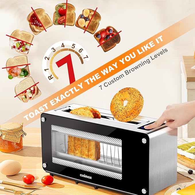 CUSIMAX Toaster 2 Slice Long Slot with Clear View Glass Window,One Touch Digital Control Presets with Automatic Lifting,Slide-out Glass Panel and Easy Clean Up Crumb Tray