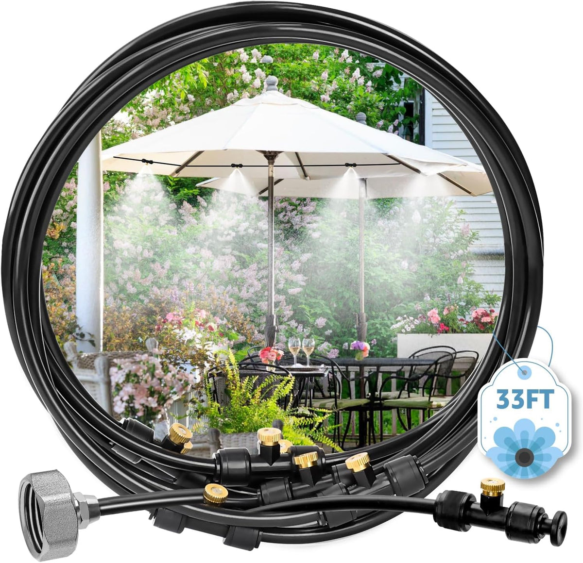 MIXC Misters for Outside Patio, 33FT (10M) Misting Line+8 Mist Nozzles+3/4" Brass Adapter, Outdoor Misting Cooling System for Patio Porch Umbrella BBQ Chicken Coop