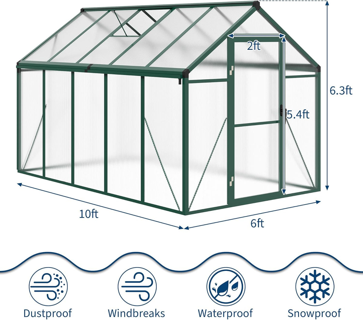 6 x 10 FT Greenhouse, Greenhouses for Outside, Polycarbonate Greenhouse with Aluminum Frame, Lockable Door and Ajustable Roof Vent for Backyard, Green Houses for Outside Garden Backyard, Patio