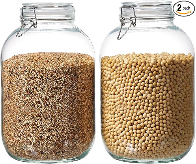 1 Gallon Glass Food Storage Jars with Airtight Lids, Set of 2 – Clear Preserving Seal Wire Clip Fastening Canisters for Kitchen Canning, Flour, Cereal, Pasta, Sugar, Beans, Pickling Jars (1gallon*2)