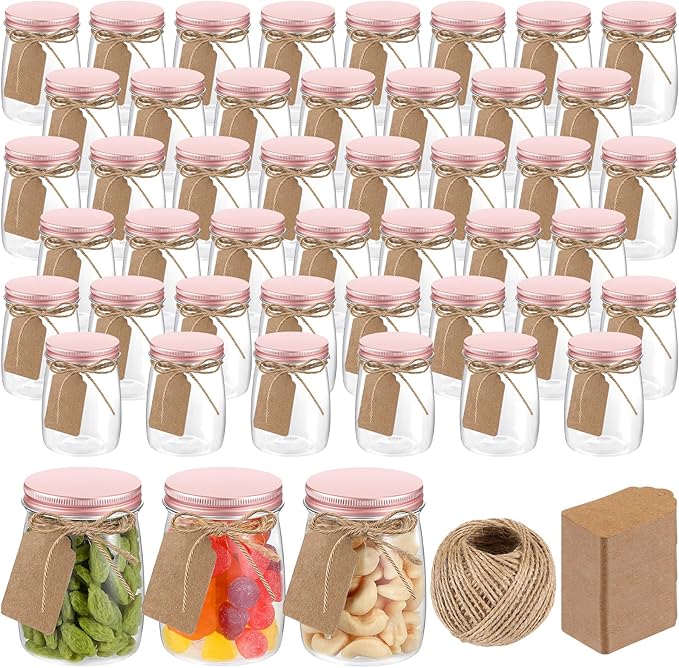 Nitial 50 Pack 5 oz Plastic Jars with Lids Bulk Yogurt Containers with Lids Gift Jars with DIY Craft Twine and Labels Gifts for Birthday Wedding Halloween Christmas Party Favor(Rose Gold,Aluminum Lid)