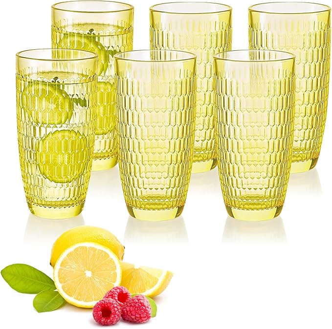 CREATIVELAND Highball Beverage Glasses Set of 6 Romantic Colored Thick & Heavy Base Big Capacity 14.87oz|440ml, Drinking Glass Tumblers for Iced Tea, Water, Soda & Juice and Cocktails (Yellow)