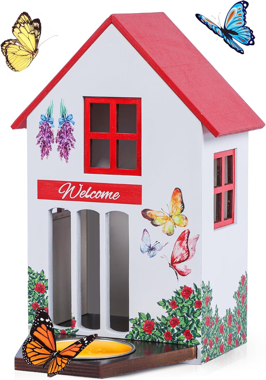 No Assembly Required! Wooden Butterfly House and Feeder for Outside with Hook, Durable Butterfly Habitat with Puddler, Unique Vibrant Design, Hanging Garden Decoration, Easy Cleaning