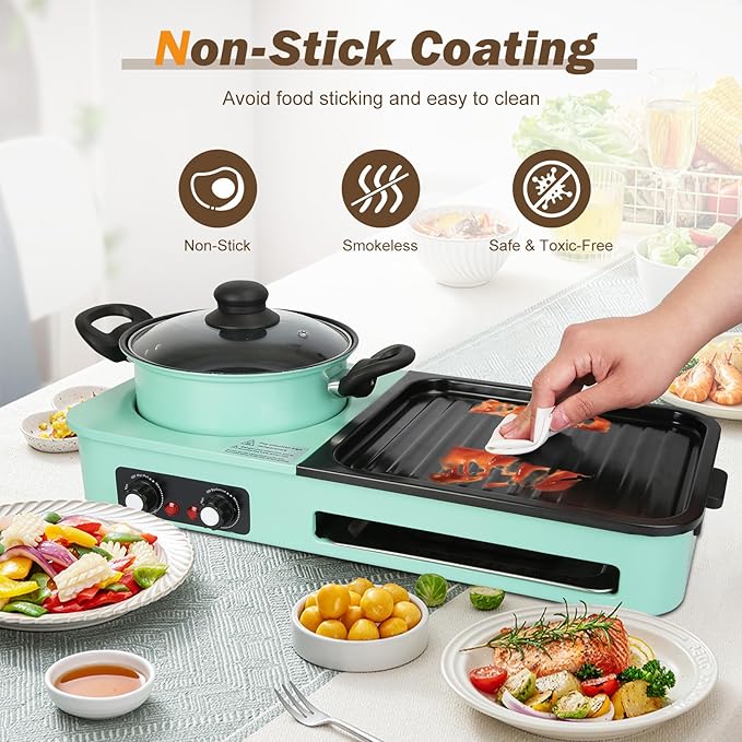 Hot Pot Electric with Grill, 1600W 3 in 1 Smokeless Non-Stick Barbecue Shabu Hot Pot with Dual Temp Control, Multifunctional Teppanyaki Grill Pot, Shabu Korean BBQ for 3-5 People