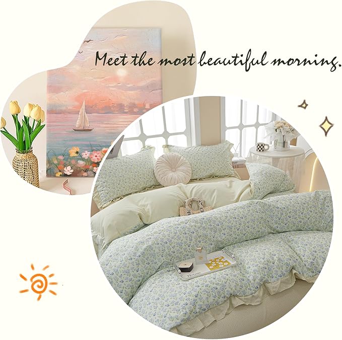 Green Ruffle Comforter Set Full Size Girls Blue Flowers Comforter Fluffy Soft Vintage Floral Bedding Set Cottagecore Botanical Floral Comforter Set with 2 Ruffle Lace Pillowcases for All Seasons