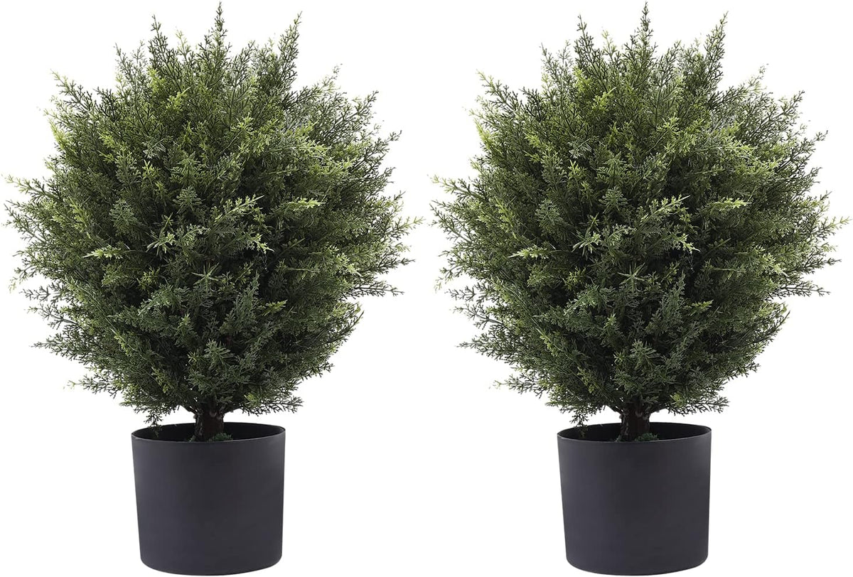 21” Artificial Cedar Outdoor Artificial Shrub Sunlight Resistant Leafy Potted Plant for Indoor Porch of Home and Office Artificial Outdoor Tree 2 Pieces a Set Topiary Trees