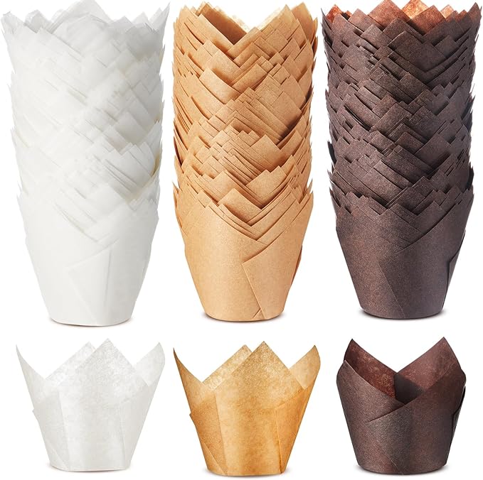 Motiskyy 600 Pcs Jumbo Muffin Liners for Baking 2-1/4" x 4" Large Tulip Cupcake Liners Greaseproof Cupcake Wrapper Paper for Weddings Birthday Christmas Anniversaries Party (Light Brown,White,Brown)