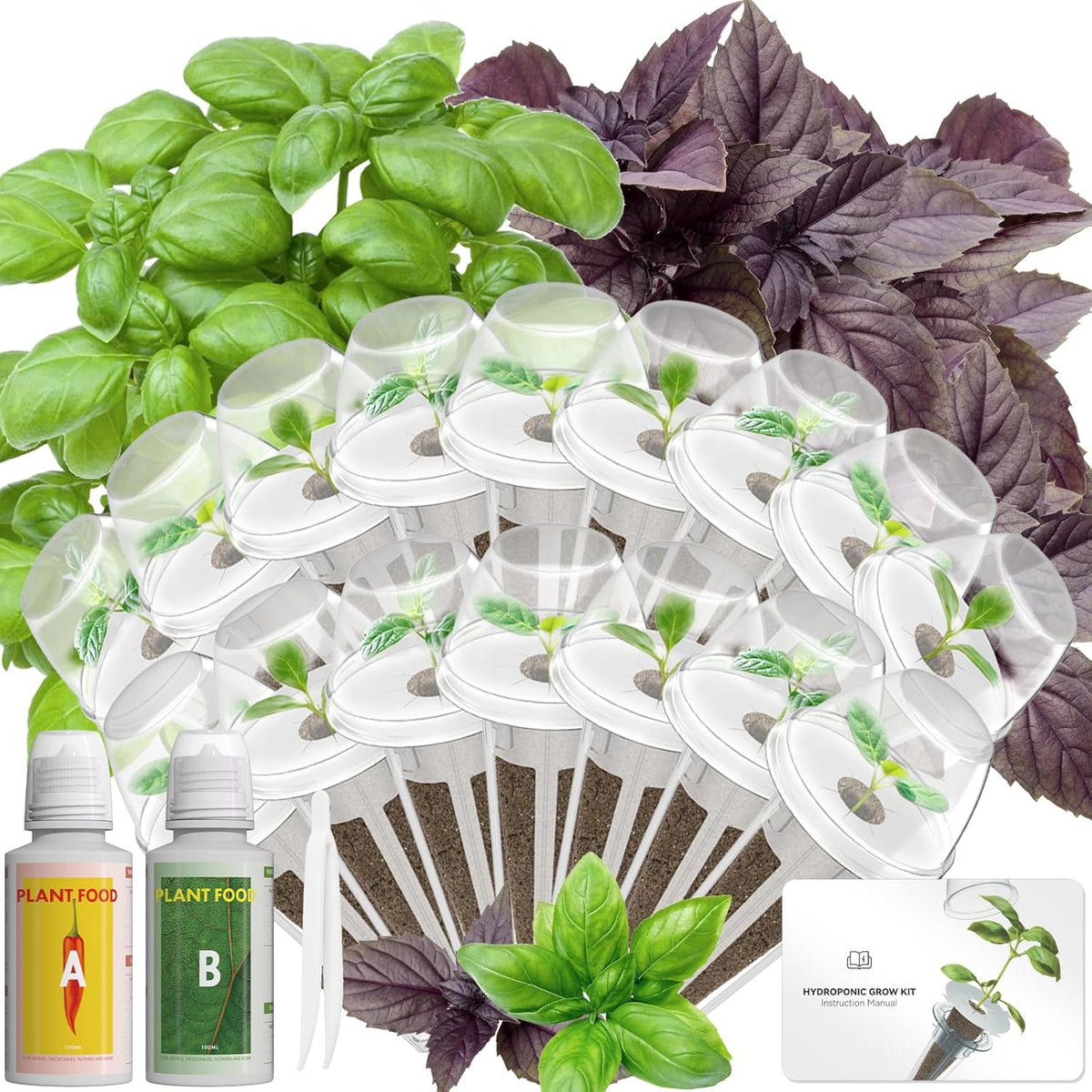 Hydroponics Seed Pod with Genovese Basil & Purple Basil, 16 Pods Complete Kit with Sponge, Basket, Dome, Label, Compatible with AeroGarden, Ahopegarden, GARDENCUBE, iDoo & MUFGA Indoor Smart Gardens