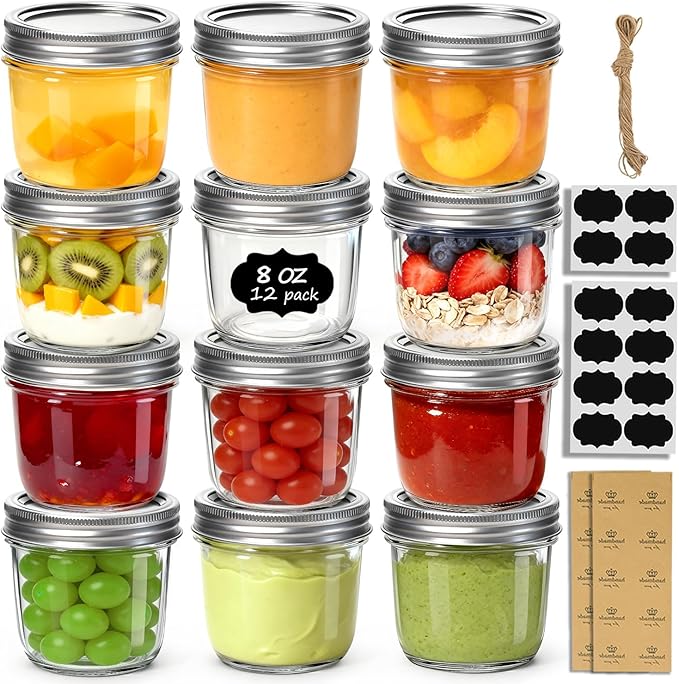 ComSaf 8 oz Wide Mouth Mason Jars, 12Pcs Glass Jars for Home Cooks Making Jam and Jelly, and Crafters Creating DIY Candles and Party Favors, Canning Jar with Lids and Rings，Includes Labels & Twine