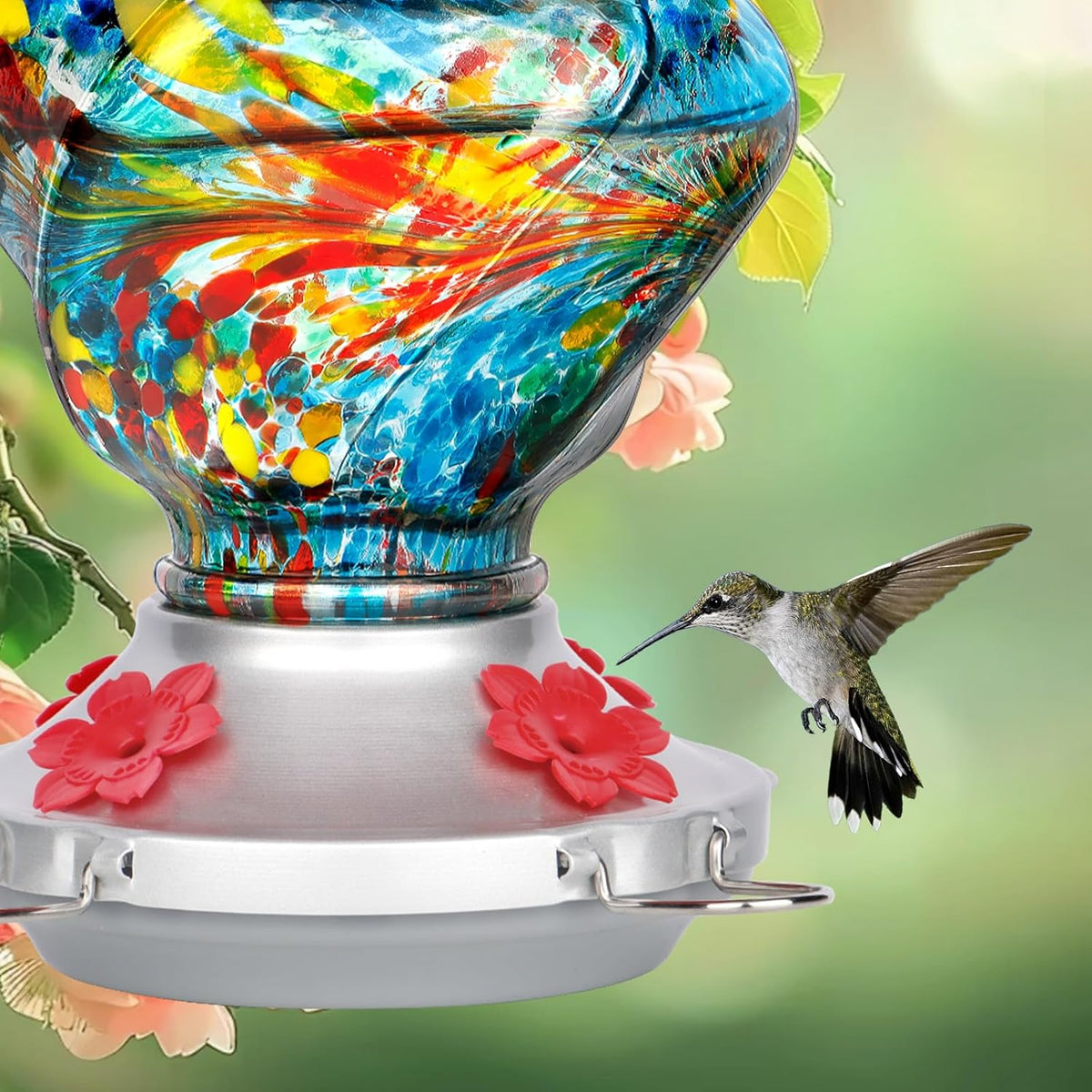 Hummingbird Feeder for Outdoors with Ant Moat, Blue Hummingbird Feeder, Hand Blown Twisted Glass, 4 Bee Guard Feeding Ports with Perch, Outdoor Décor, 16OZ, Gifts for Mom Wife Dad Men Women