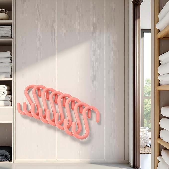 8Pcs Pink S-Shaped Hooks,Plastic Clothes Hangers Multi-Purpose Storage Racks Portable Key Holders, Hanging Bathroom Organizers,Utility Stable Industrial Hooks,Home Storage