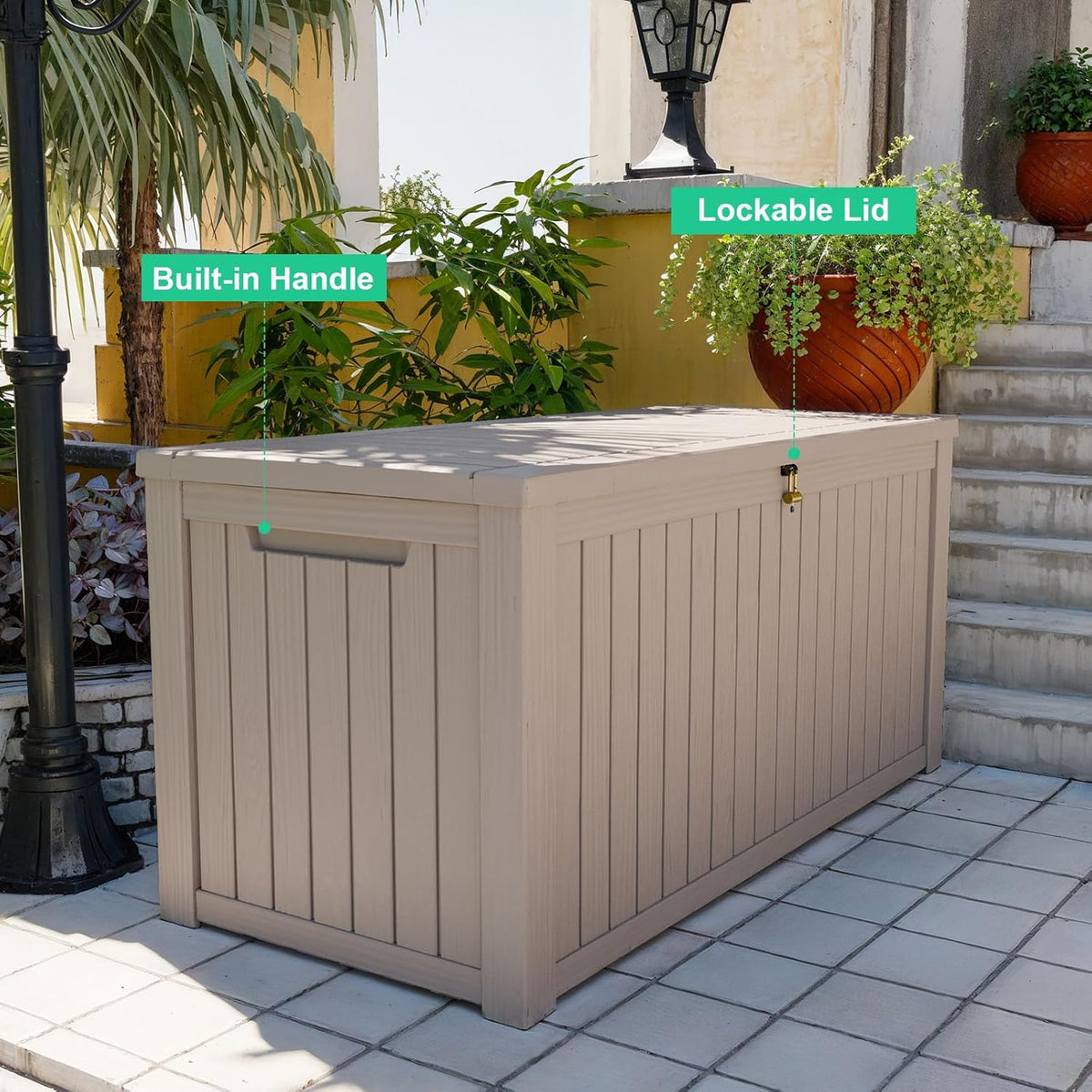 180 Gallon Outdoor Storage Box – Waterproof Deck Box for Garden & Patio,Light Brown